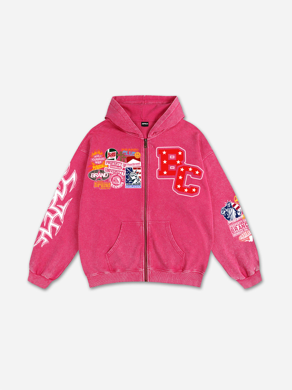 Vintage Warzone Peace Club Graphic Acid Washed Oversized Zip-up Hoodie