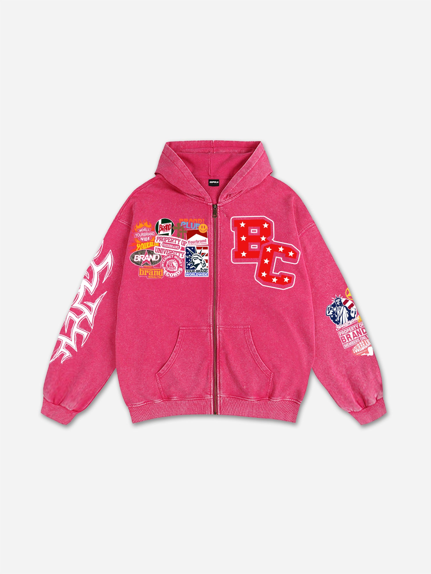 Vintage Warzone Peace Club Graphic Acid Washed Oversized Zip-up Hoodie