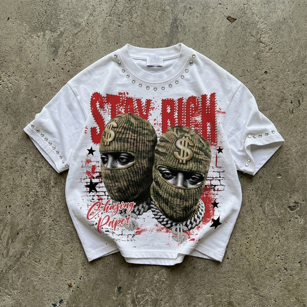 Stay Rich Street Money Character Graphic Rhinestone Cropped T-shirt