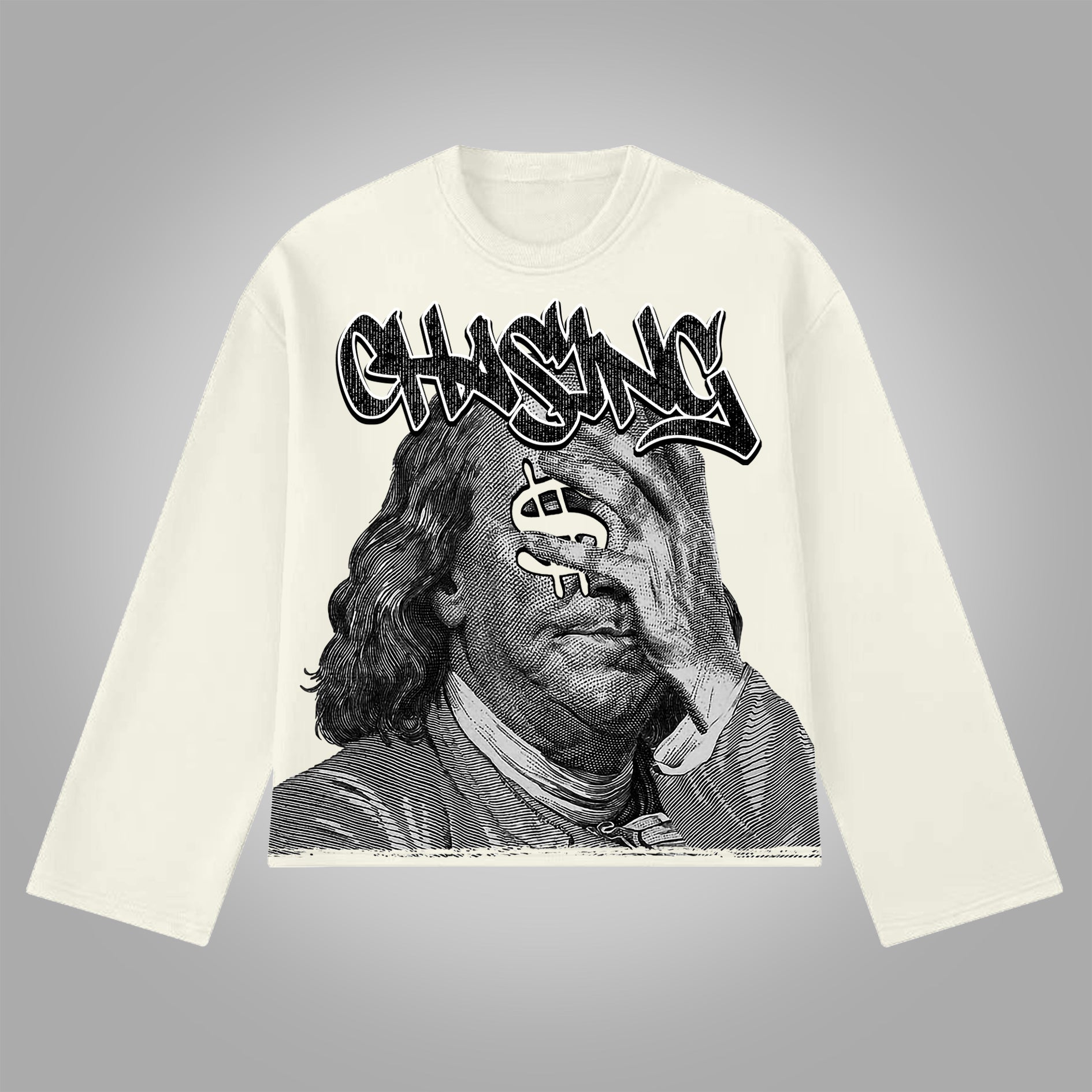 Vintage Chase Money Graphic Print Cotton Long Sleeve T-Shirt