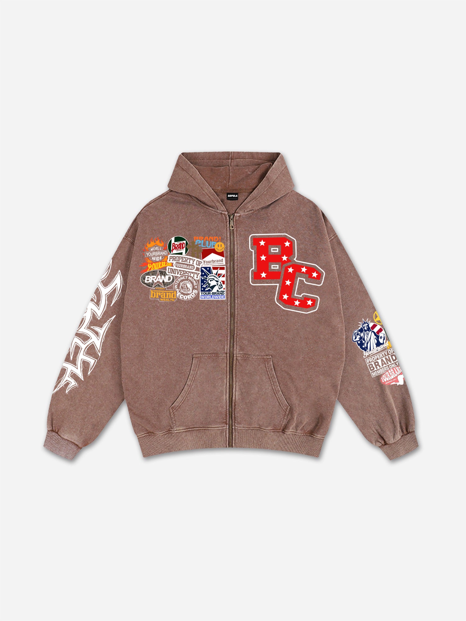 Vintage Warzone Peace Club Graphic Acid Washed Oversized Zip-up Hoodie
