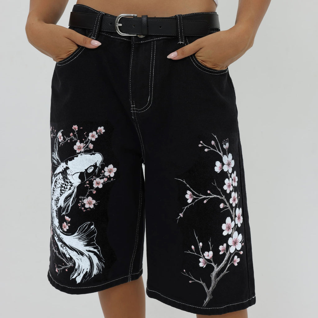 Retro Japanese Floral Tigerbloom Koibloom Shorts