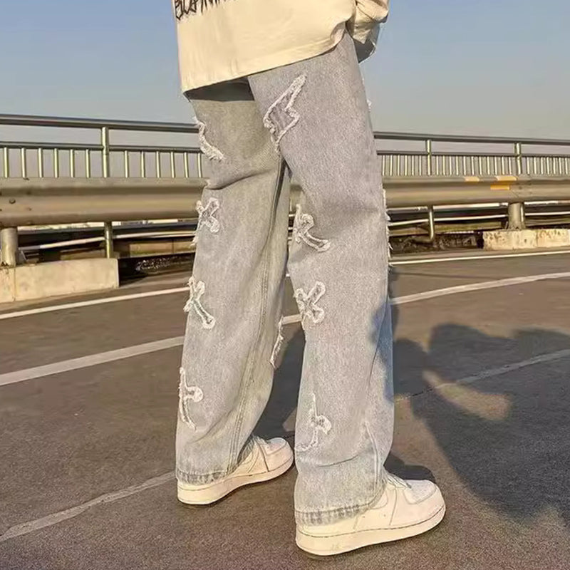 Men's Fashion Cross Lightning Patch Embroidered Street Jeans