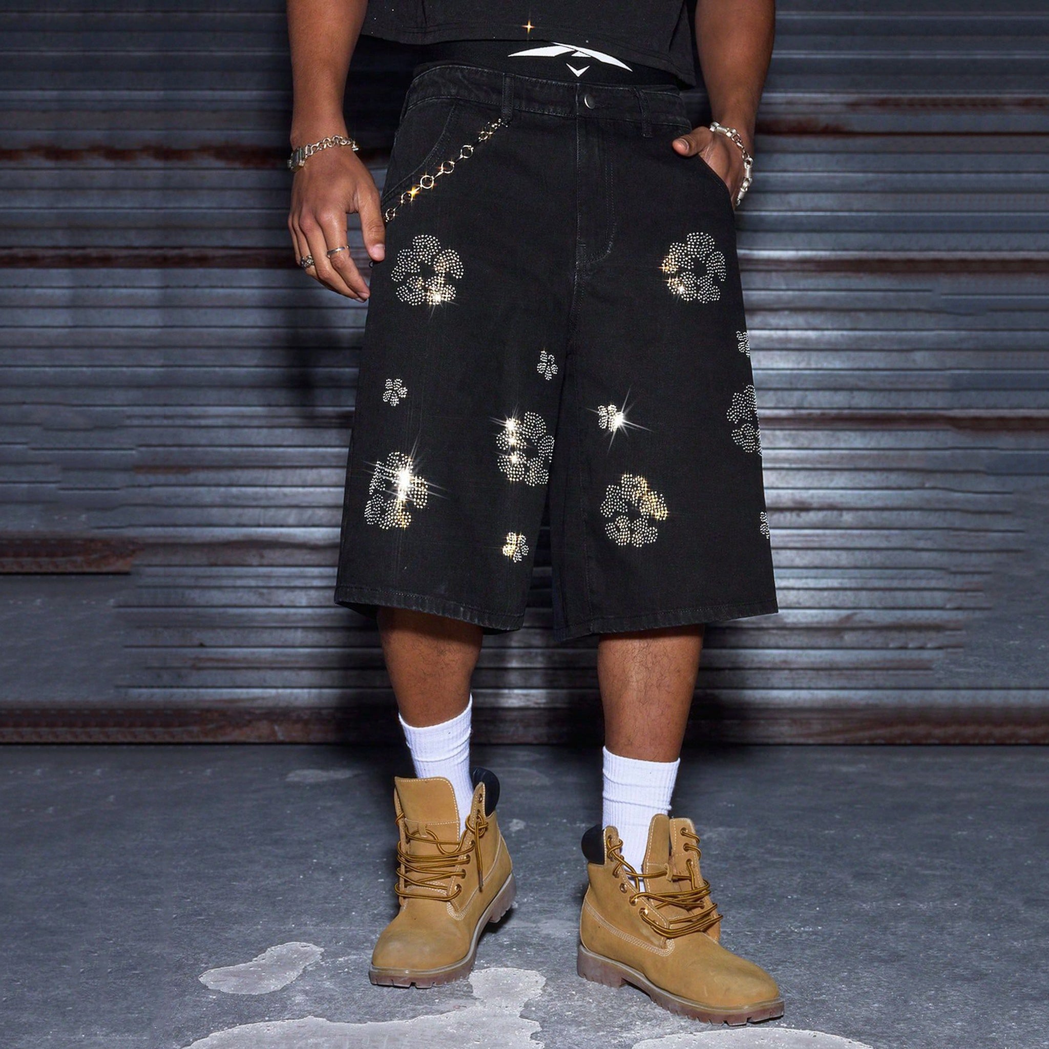 Men's Y2k Trendy Floral Rhinestone Loose Denim Shorts