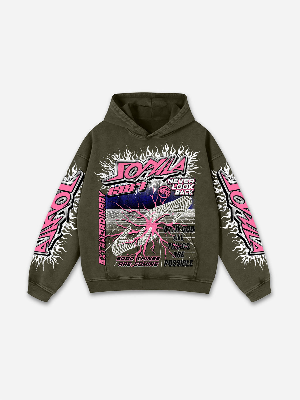 Flame Font Network Connection Vintage Graphic Washed Hoodie