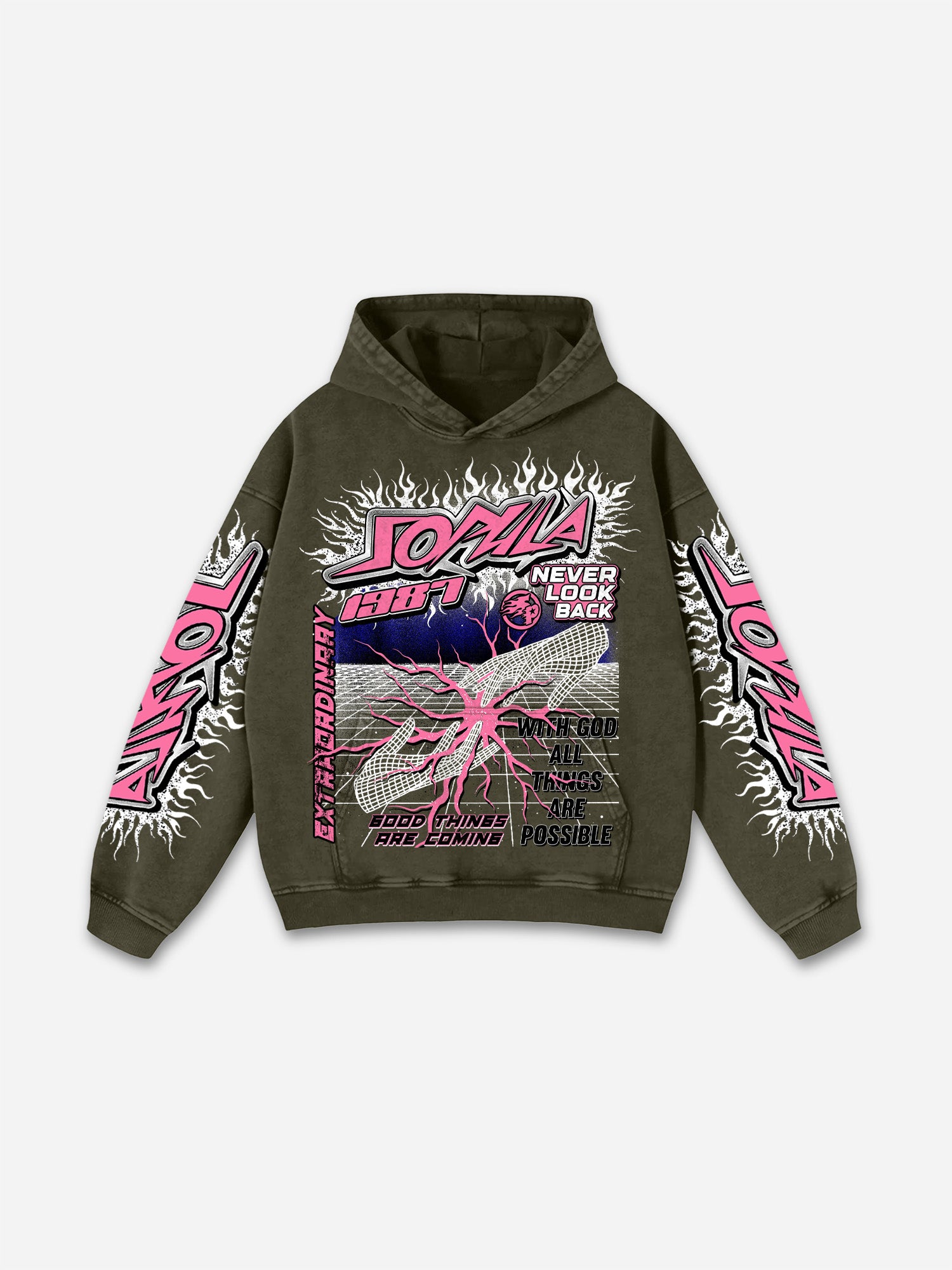 Flame Font Network Connection Vintage Graphic Washed Hoodie