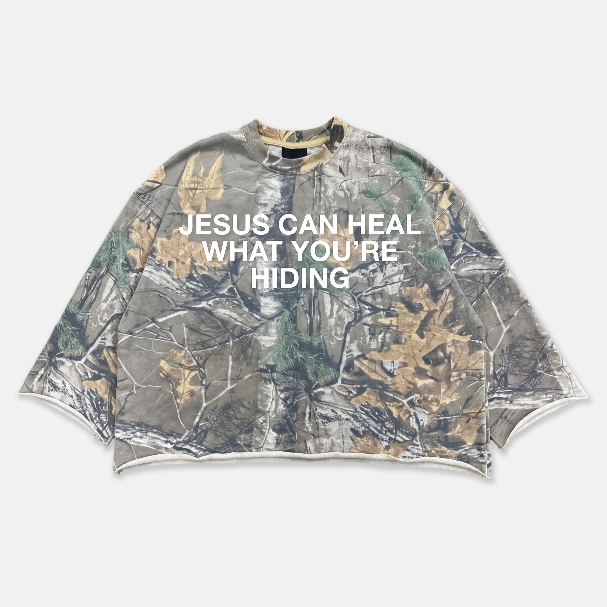 Camouflage Jesus Healing Graphic All Over Crop Tee