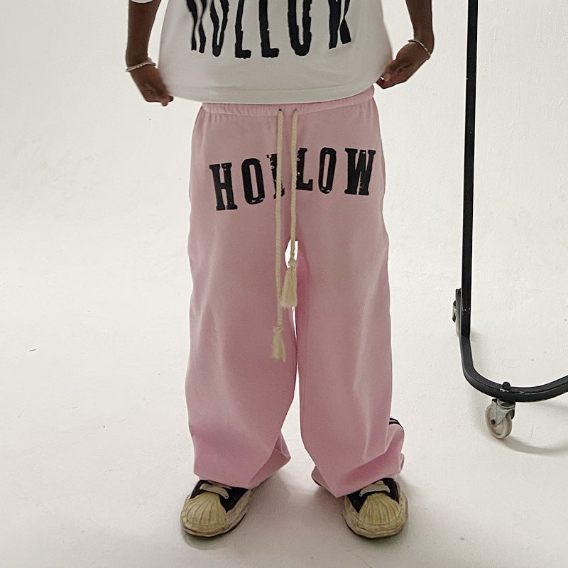 Retro Letter Print Trendy Drawstring Double Waist Sweatpants