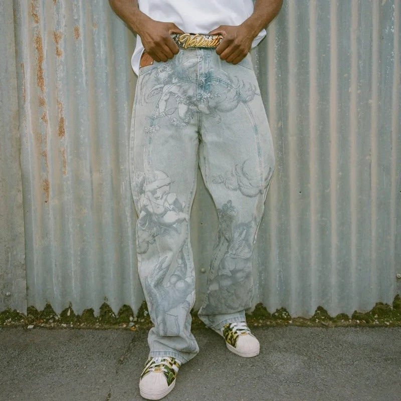 Millennial Cupid Angel Print Hip-hop Baggy Jeans