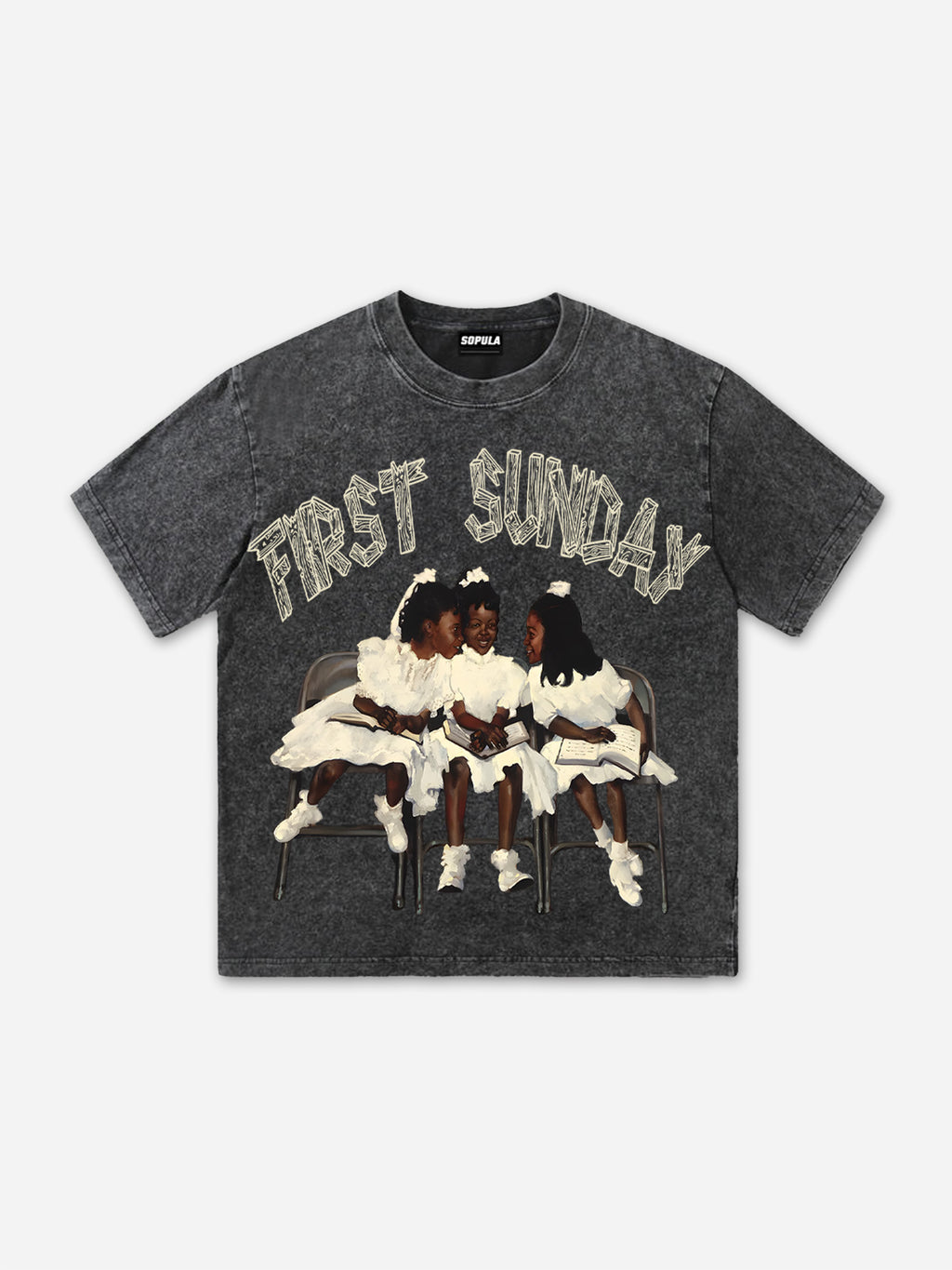 Retro First Sunday Faith Graphic Print Acid Washed T-shirt