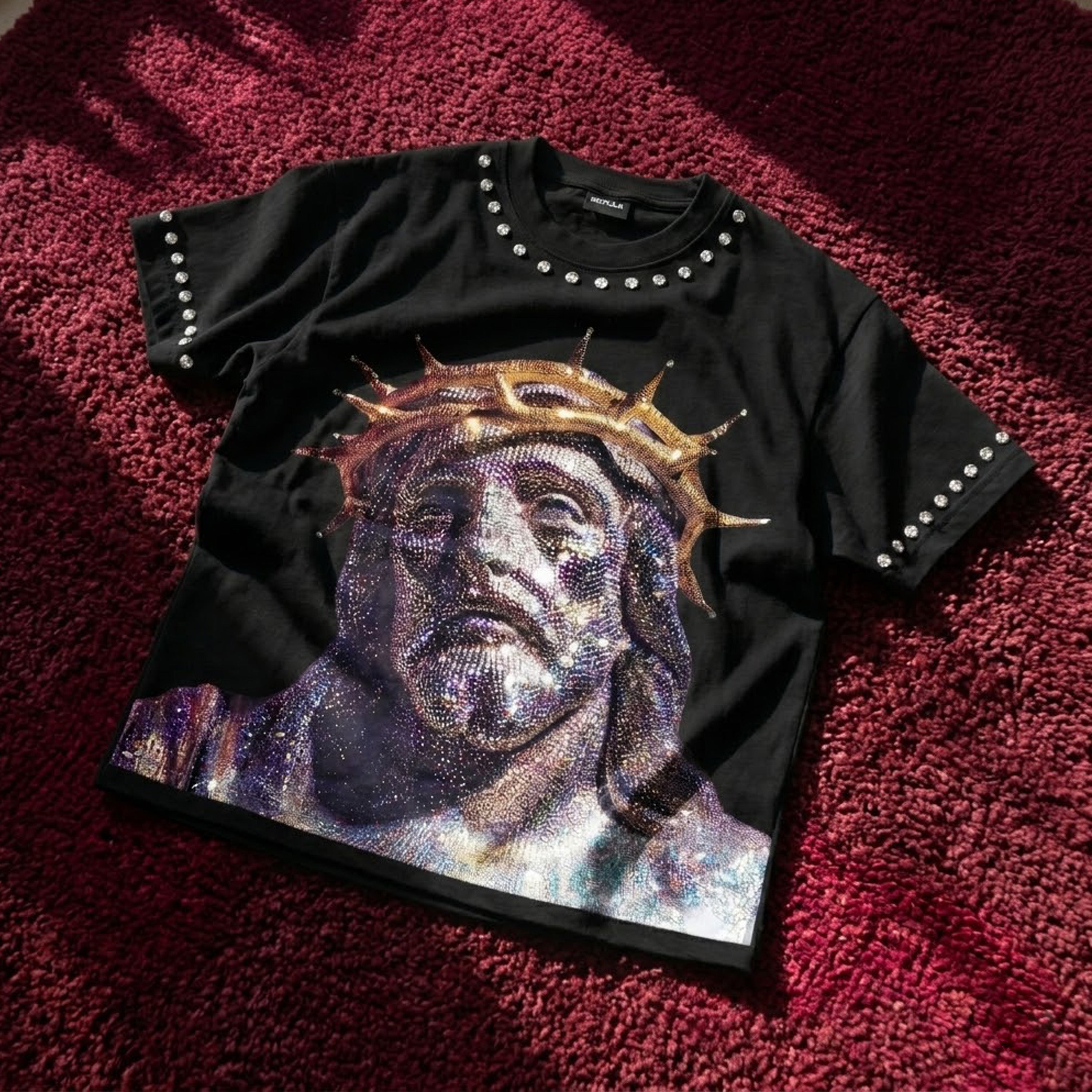 Rhinestone Embellishment And Diamond Jesus Print T-shirt