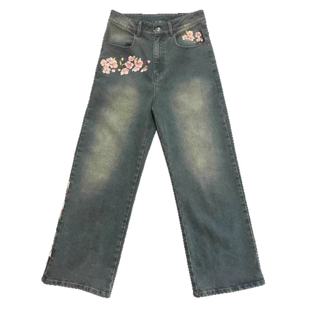 Men's Y2k Retro Floral Cherry Blossom Pattern  Baggy Jeans