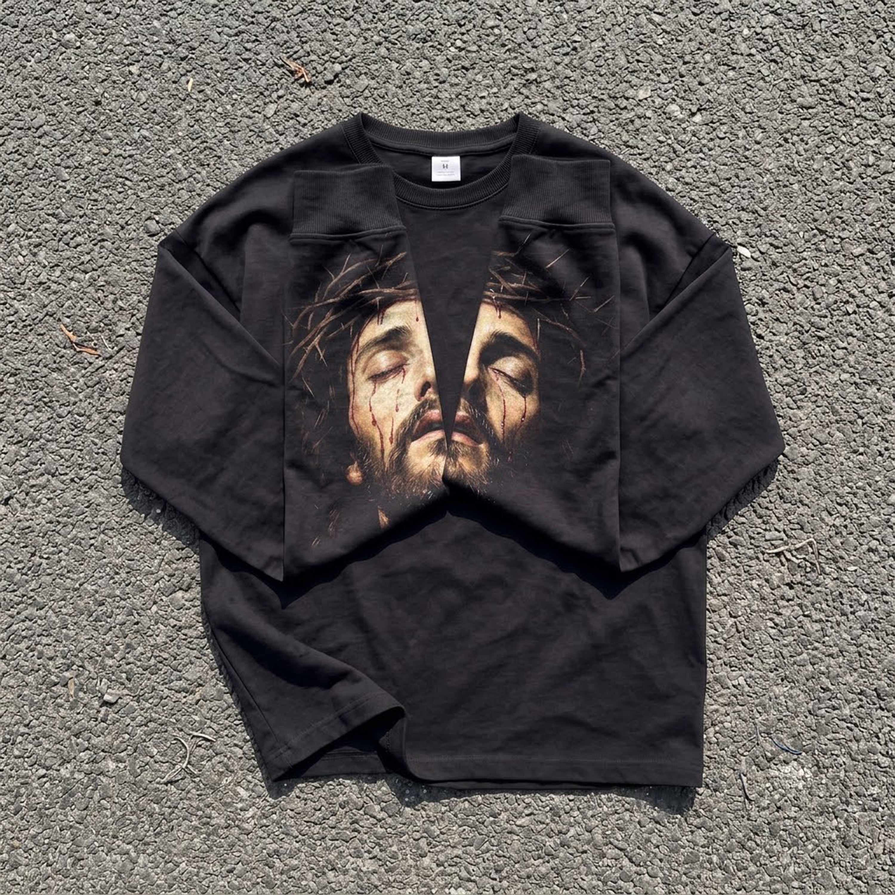 Jesus Vintage Graphic Solid Color Long Sleeve Loose Fit Round Neck