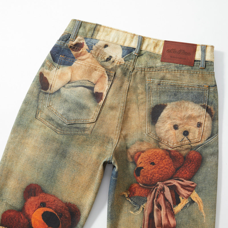 Retro Cute Bears Print Baggy Jeans