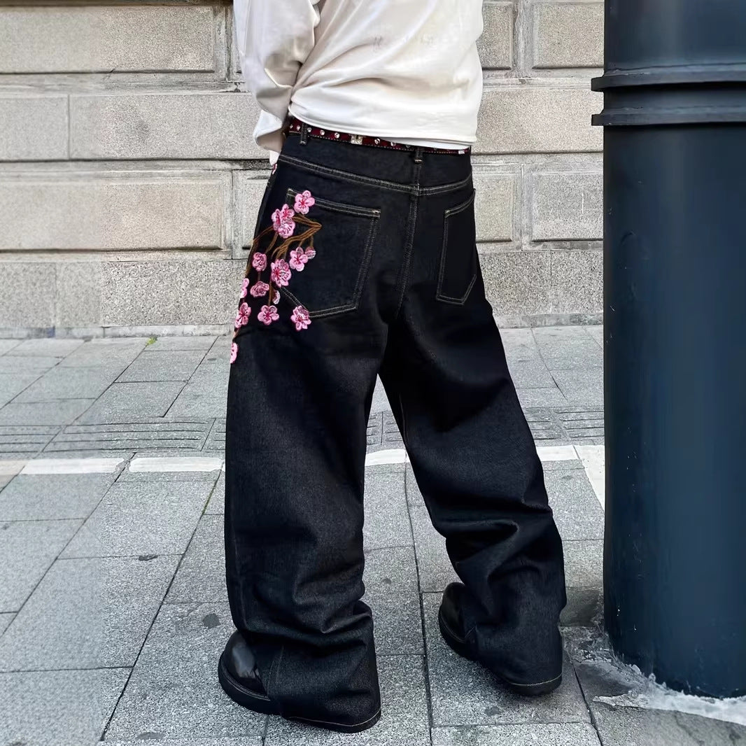 Men's Fashion Y2k Retro Floral Pattern Baggy Jeans