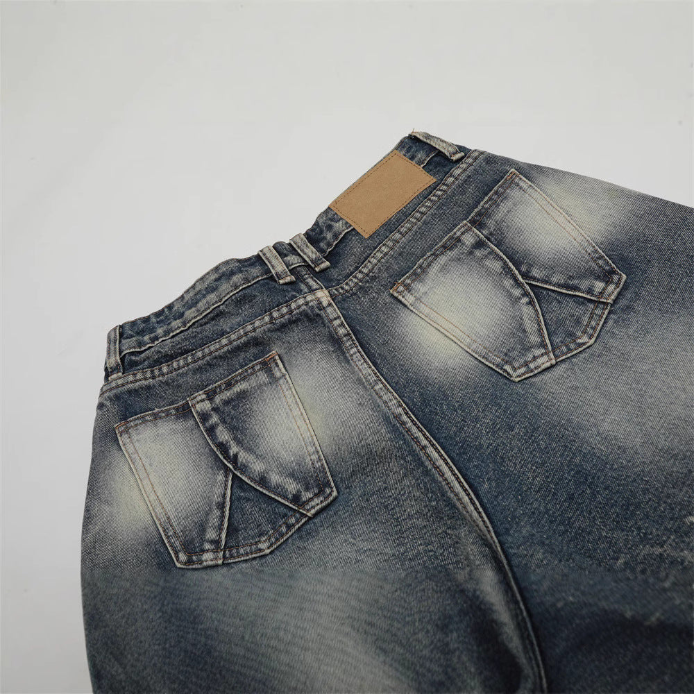 Hip-hop Washed Flame Pattern Loose Denim Shorts