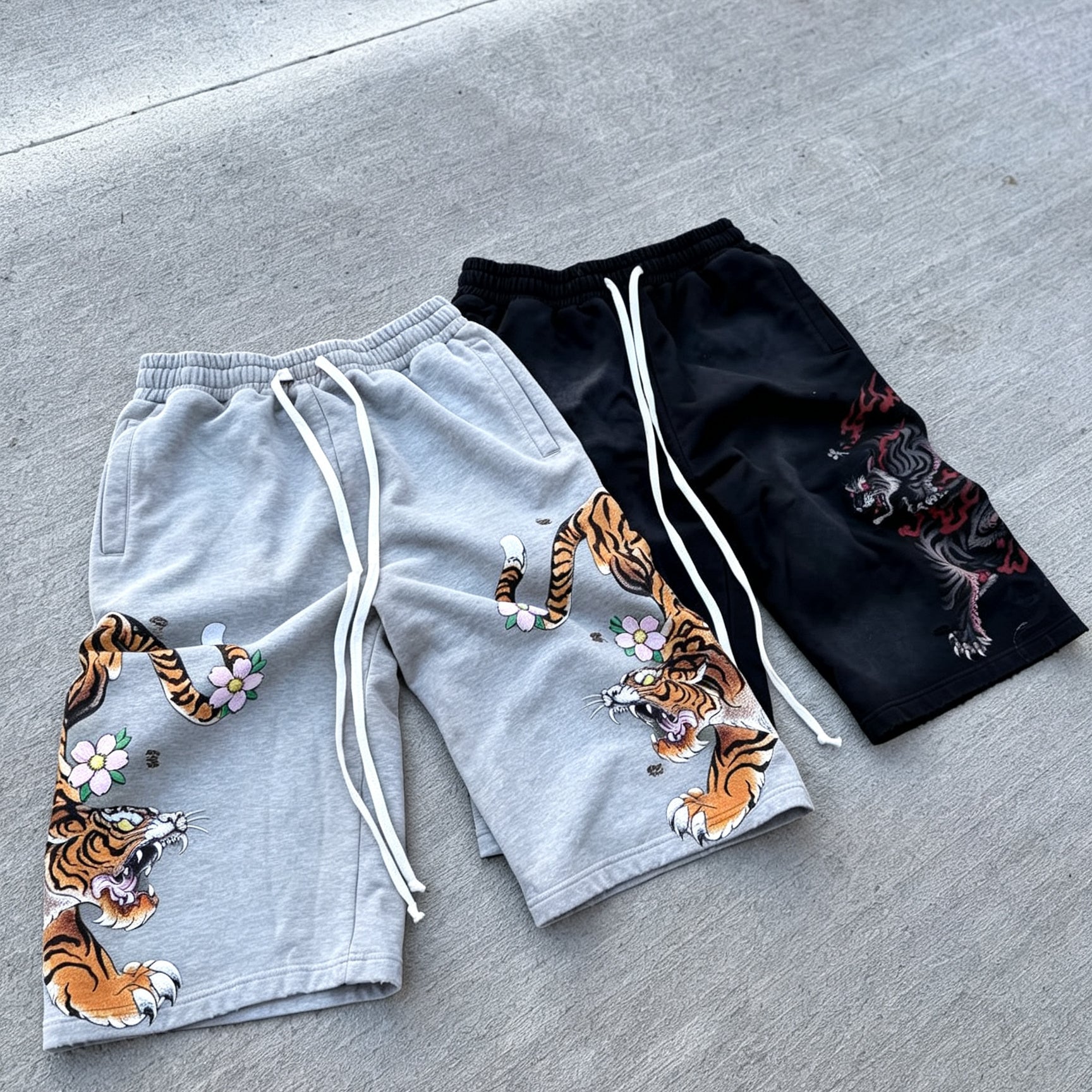 Retro Japanese Style Tiger Print Drawstring Loose Sweatpants