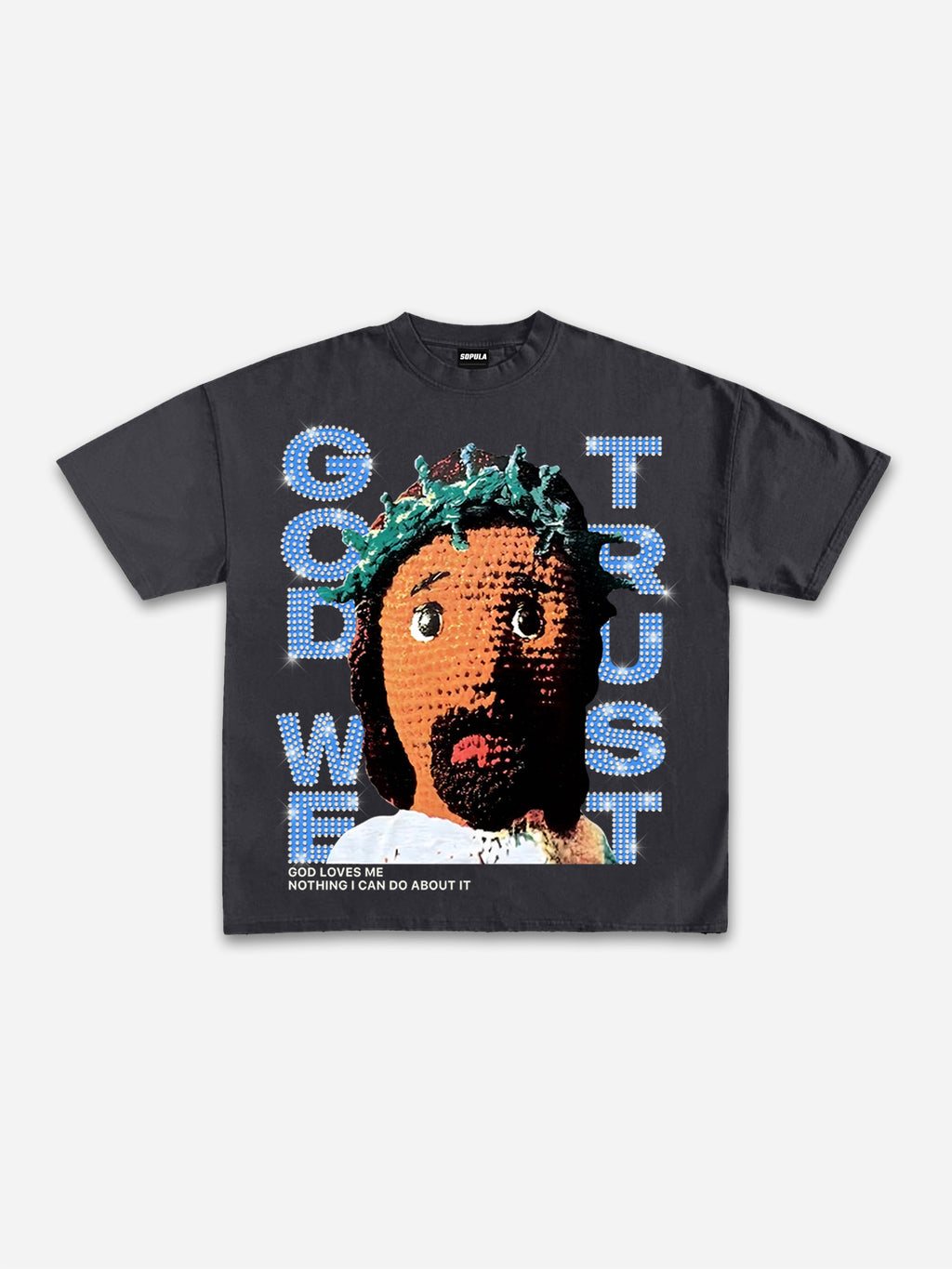 Diamond God We Trust Cartoon Jesus Portrait Graphic Cotton T-shirt