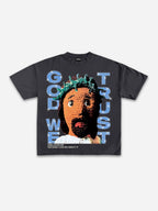 Diamond God We Trust Cartoon Jesus Portrait Graphic Cotton T-shirt