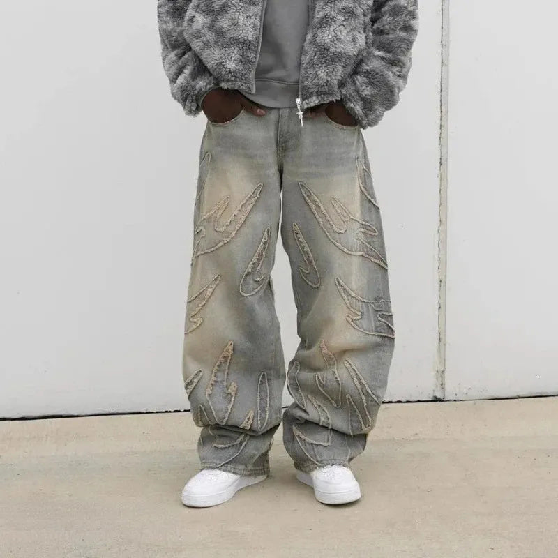 Unisex Flame AppliquÉ Wide-leg Baggy Jeans
