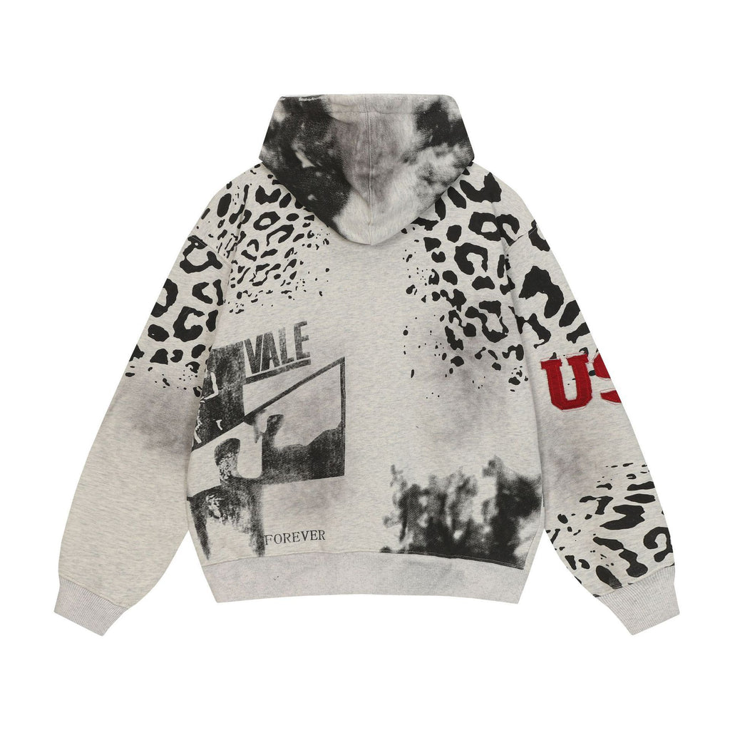 Retro Leopard Print Letter Print Zip-up Hoodie