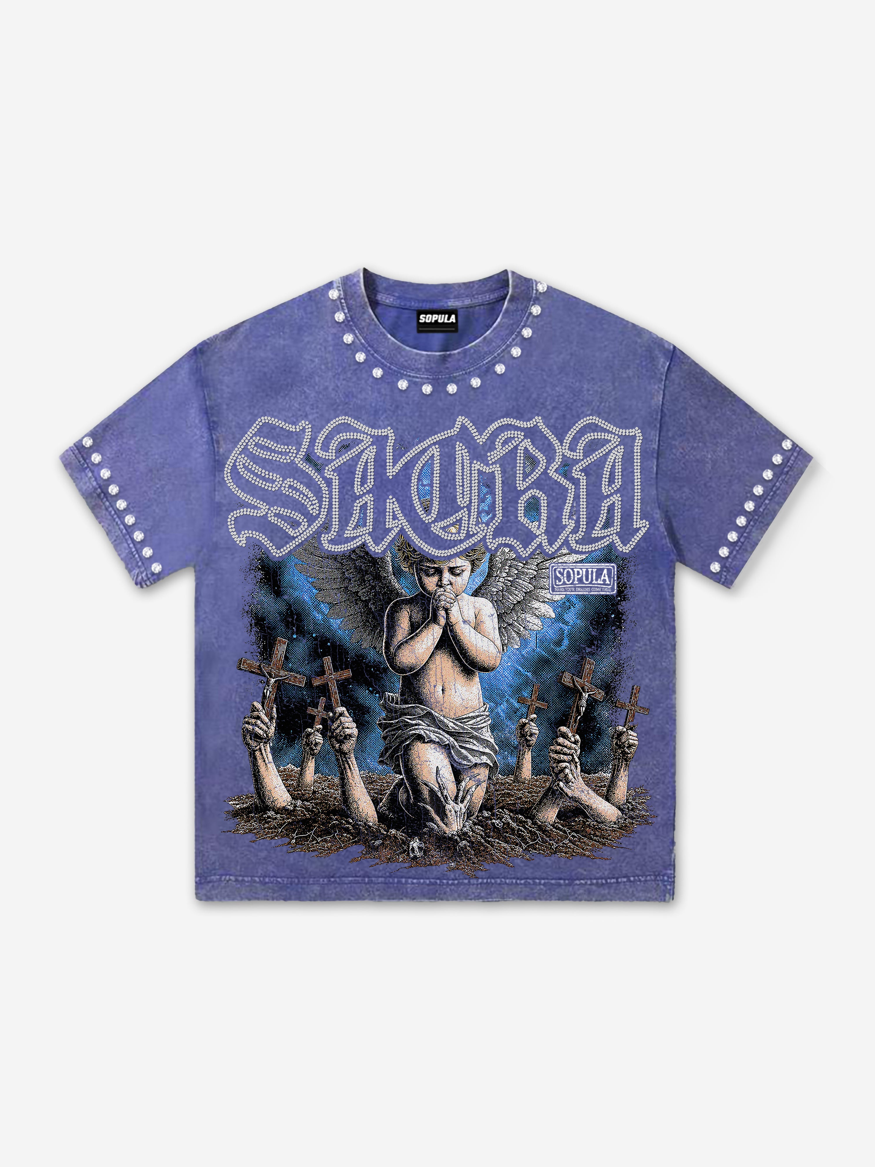 Angel Cross Retro Artistic Graphic Acid Washed T-shirt