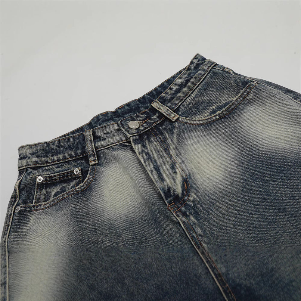 Hip-hop Washed Flame Pattern Loose Denim Shorts