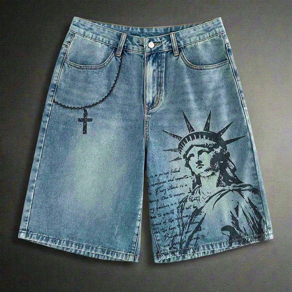 Men's Printed Pattern Loose Fit Denim Shorts Jorts