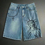 Men's Printed Pattern Loose Fit Denim Shorts Jorts