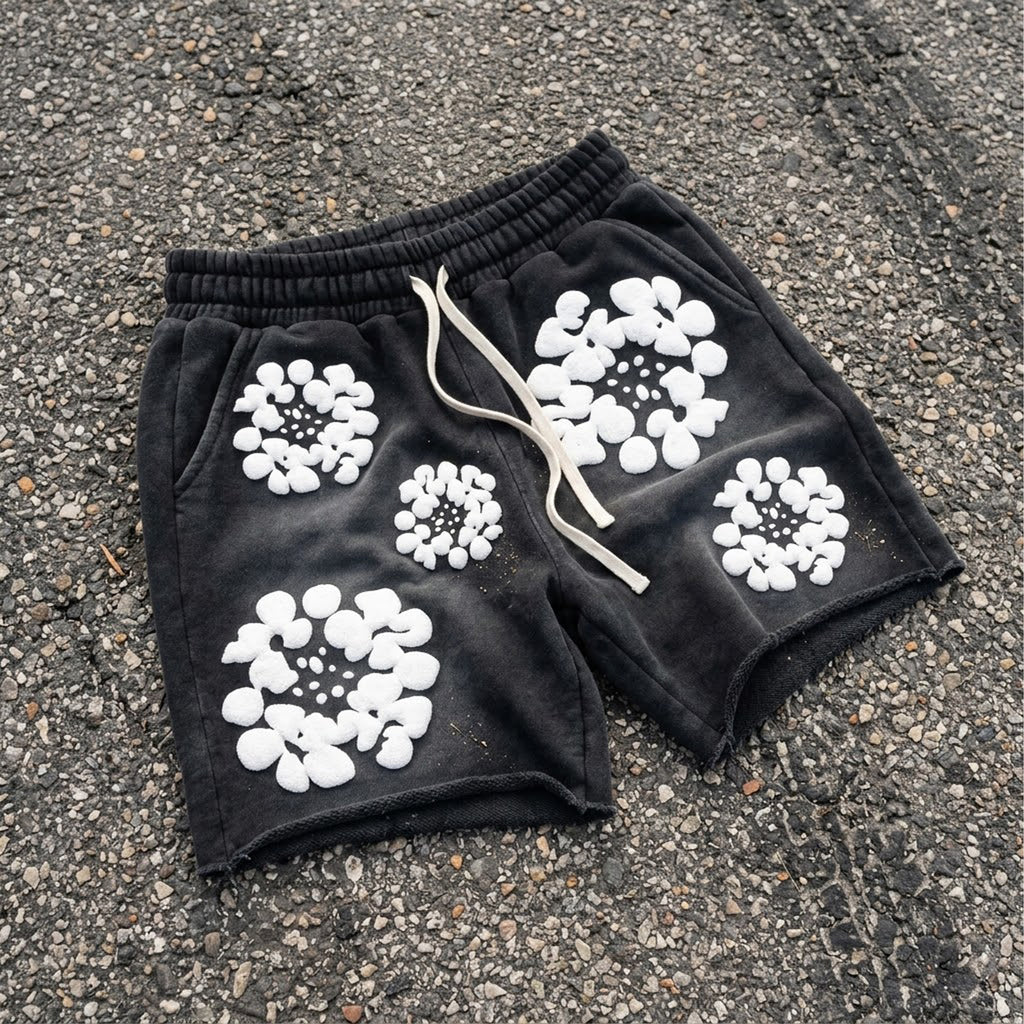 Silhouette Wreath Foam Printed Janky Acid Washed Shorts