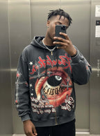 Black No. 8 Cross Vintage Eyes Graphic Washed Oversized Zip Up Hoodie