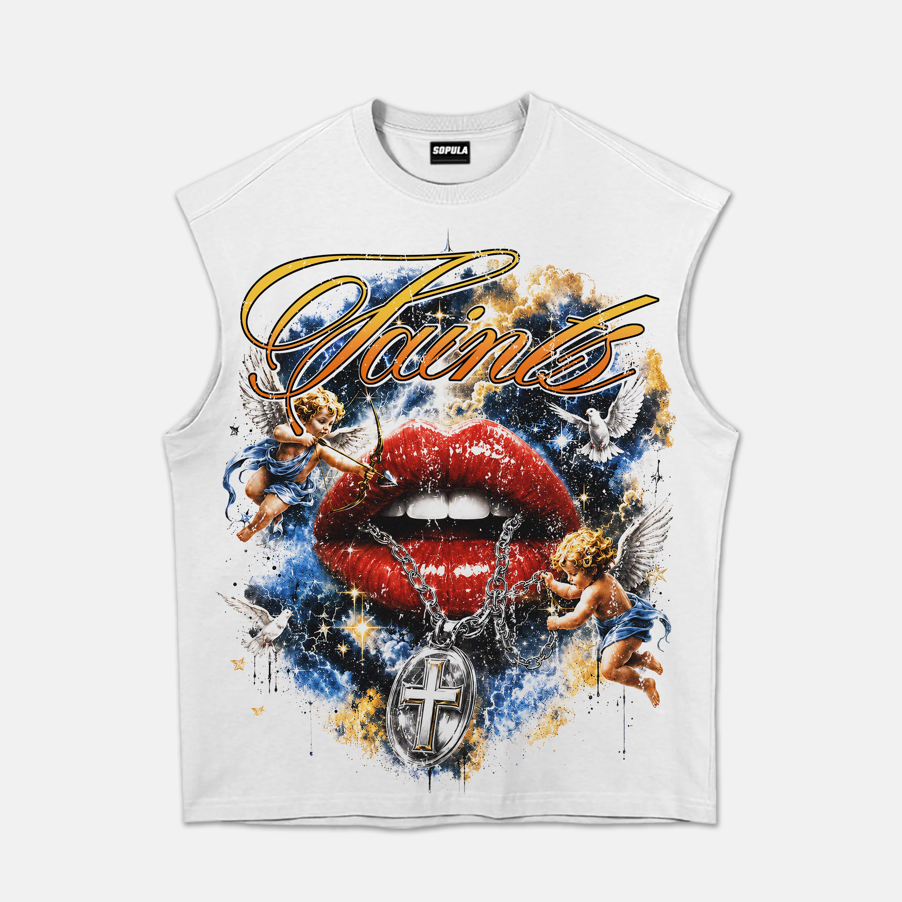 Saints Angel Lip Print Cross Retro Graphic Tank Top