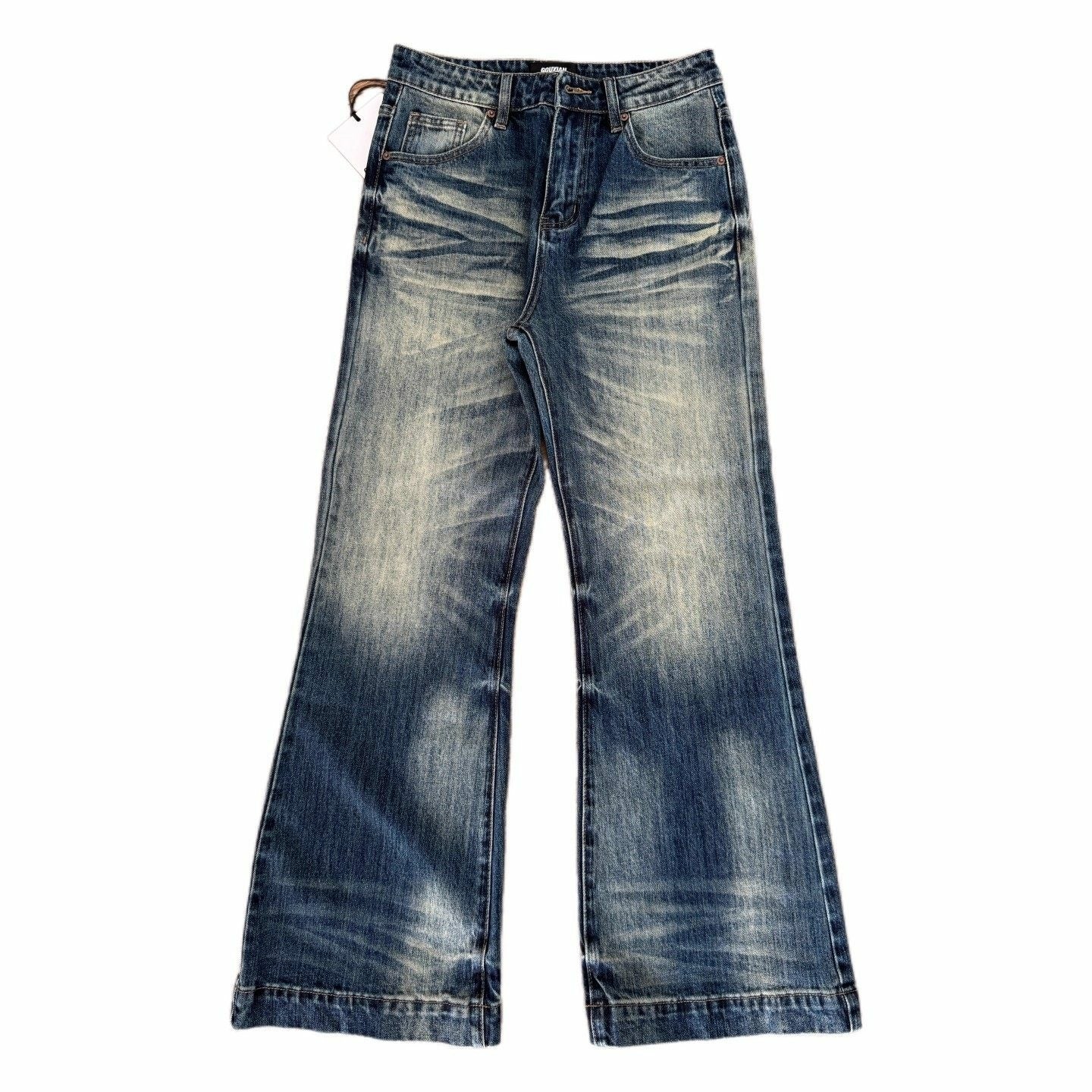 Vintage Washed Distressed Textured Flared Jeans