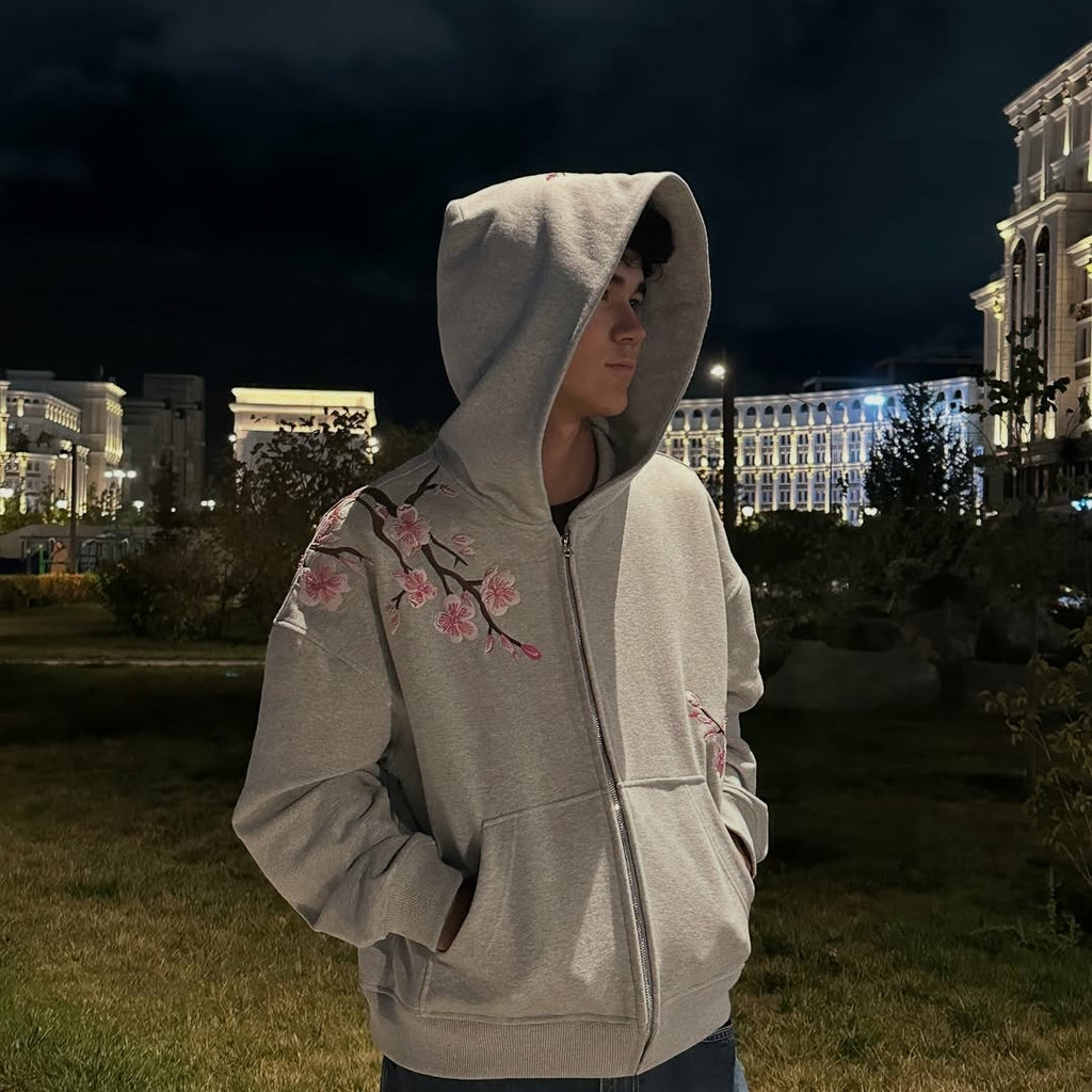 Harajuku Retro Cherry Blossom Embroidery Personalized Zipper Hoodie