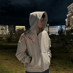 Harajuku Retro Cherry Blossom Embroidery Personalized Zipper Hoodie
