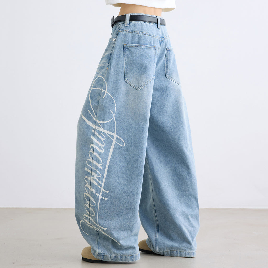 Retro Letter High Street Scimitar Stitching Wide  Jeans