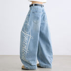 Retro Letter High Street Scimitar Stitching Wide  Jeans