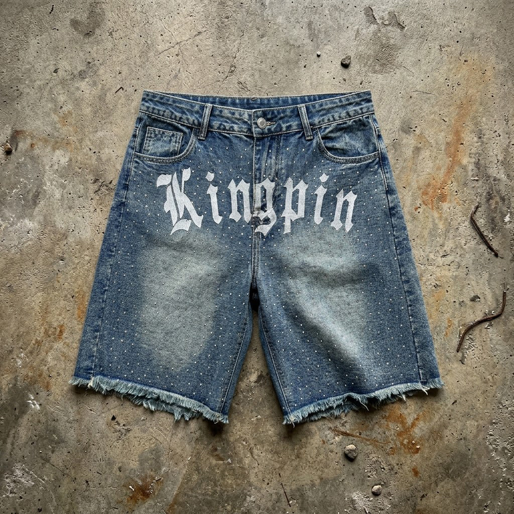 Y2k Trendy Letter Rhinestone Loose Denim Shorts