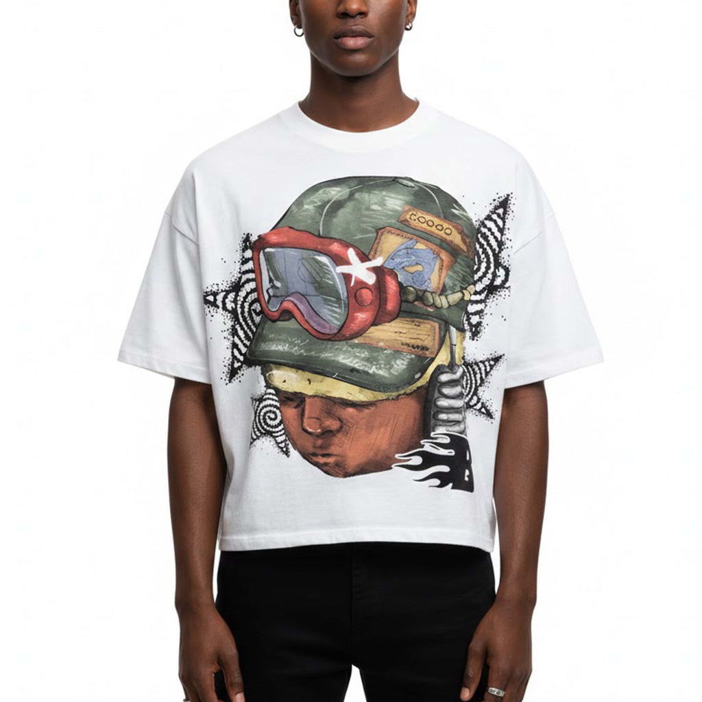 Flame Letter Boy Print 100% Cotton Cropped T-shirts