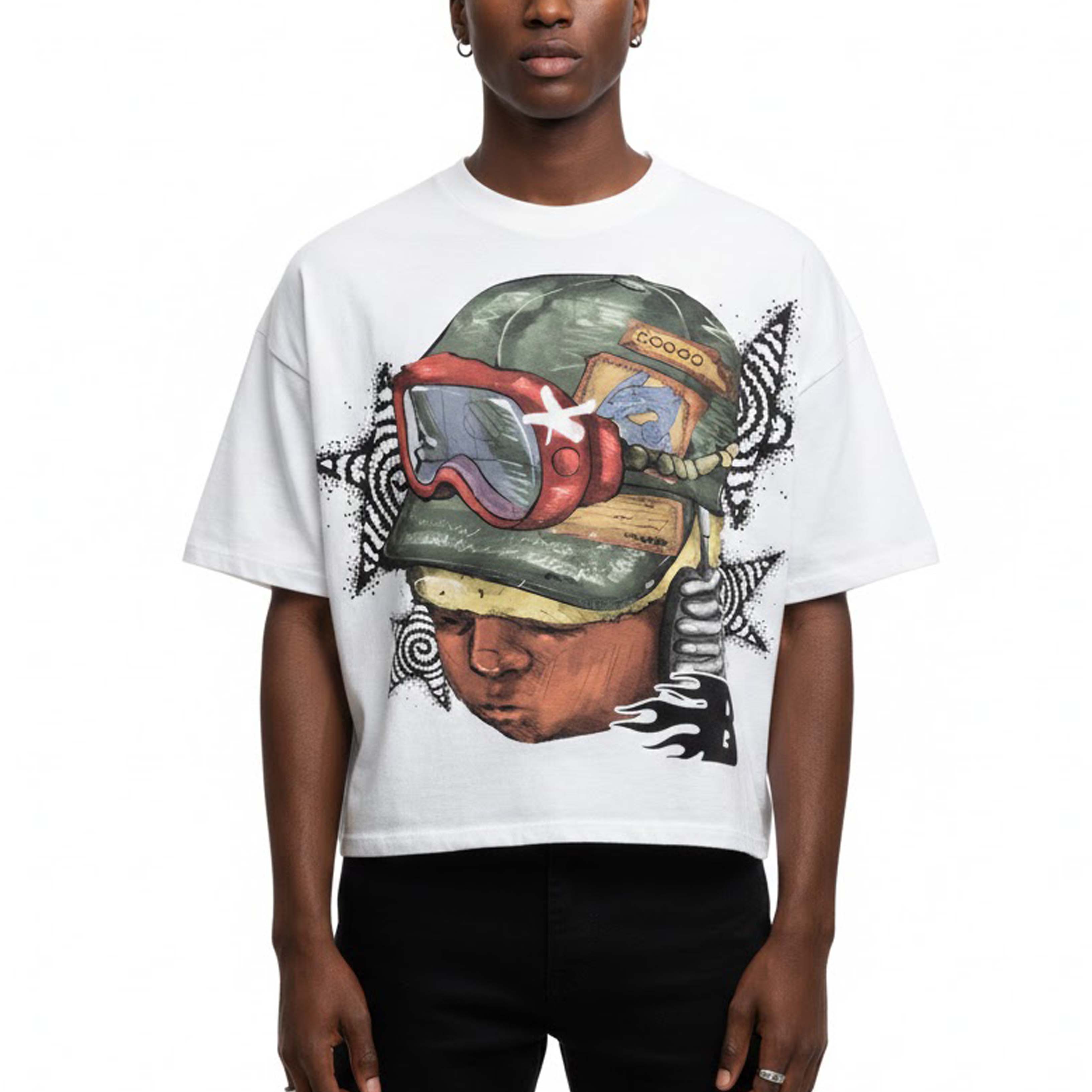 Flame Letter Boy Print 100% Cotton Cropped T-shirts