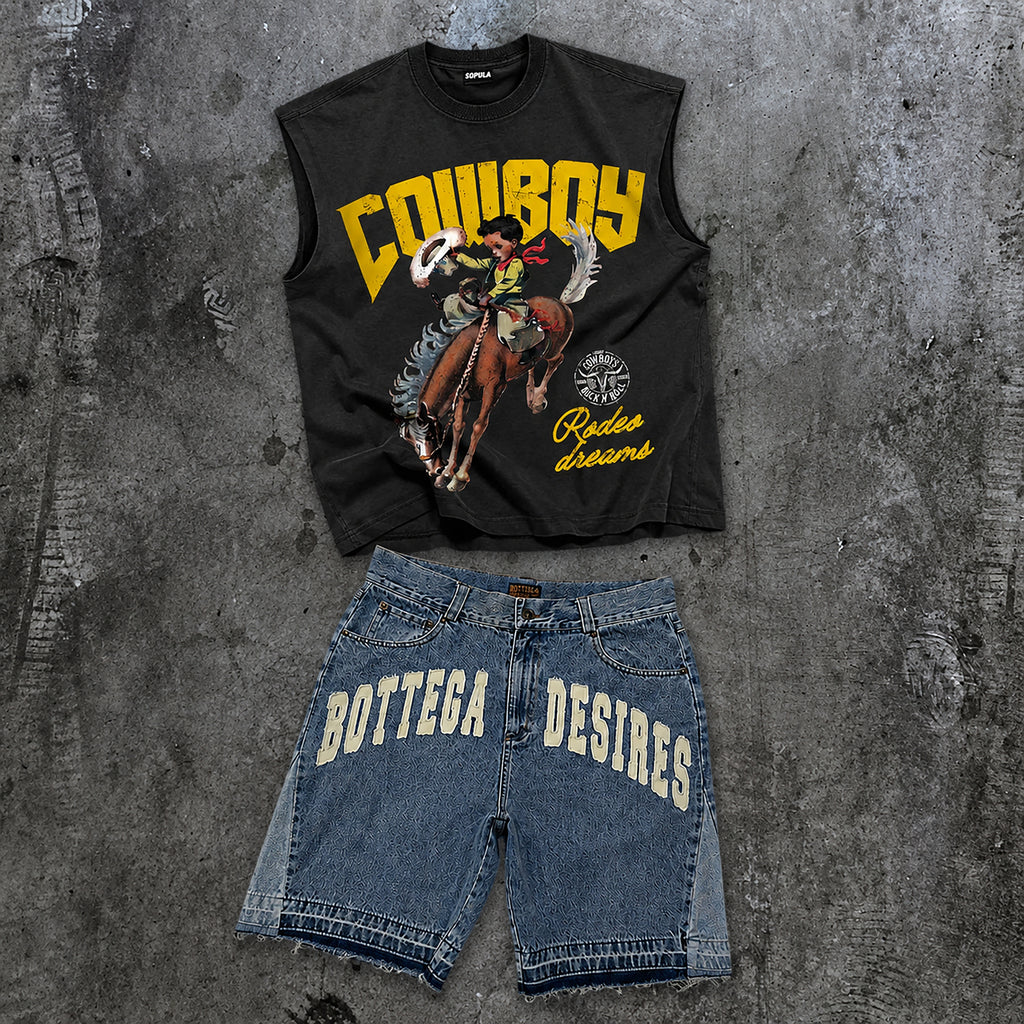 Cowboy Rodeo Dreams Tank Top & Letter Embroidered Denim Shorts Set