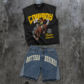 Cowboy Rodeo Dreams Tank Top & Letter Embroidered Denim Shorts Set