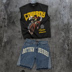 Cowboy Rodeo Dreams Tank Top & Letter Embroidered Denim Shorts Set