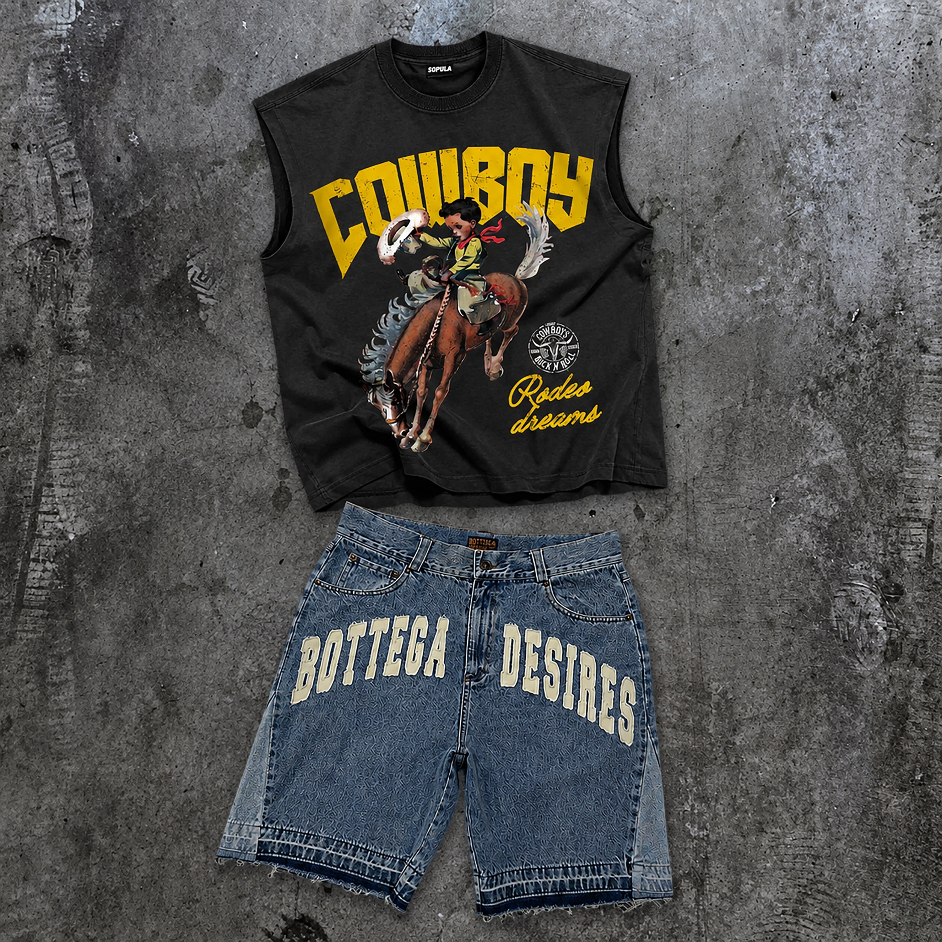 Cowboy Rodeo Dreams Tank Top & Letter Embroidered Denim Shorts Set