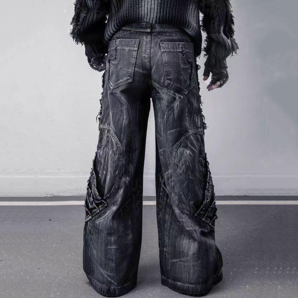 Washed Fringed Patchwork Ripped Lantern Jeans