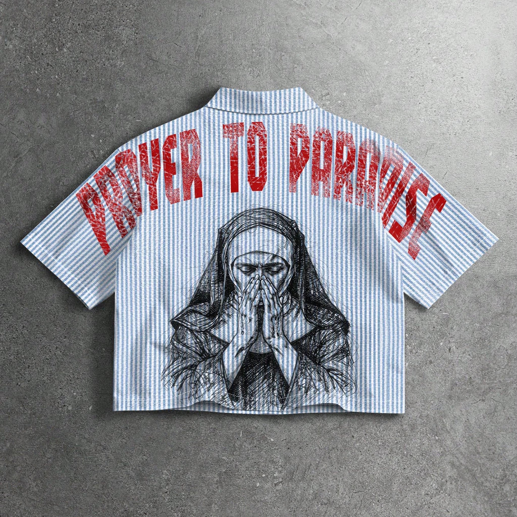 Men's Striped Nun Print Loose Short-sleeved Shirt