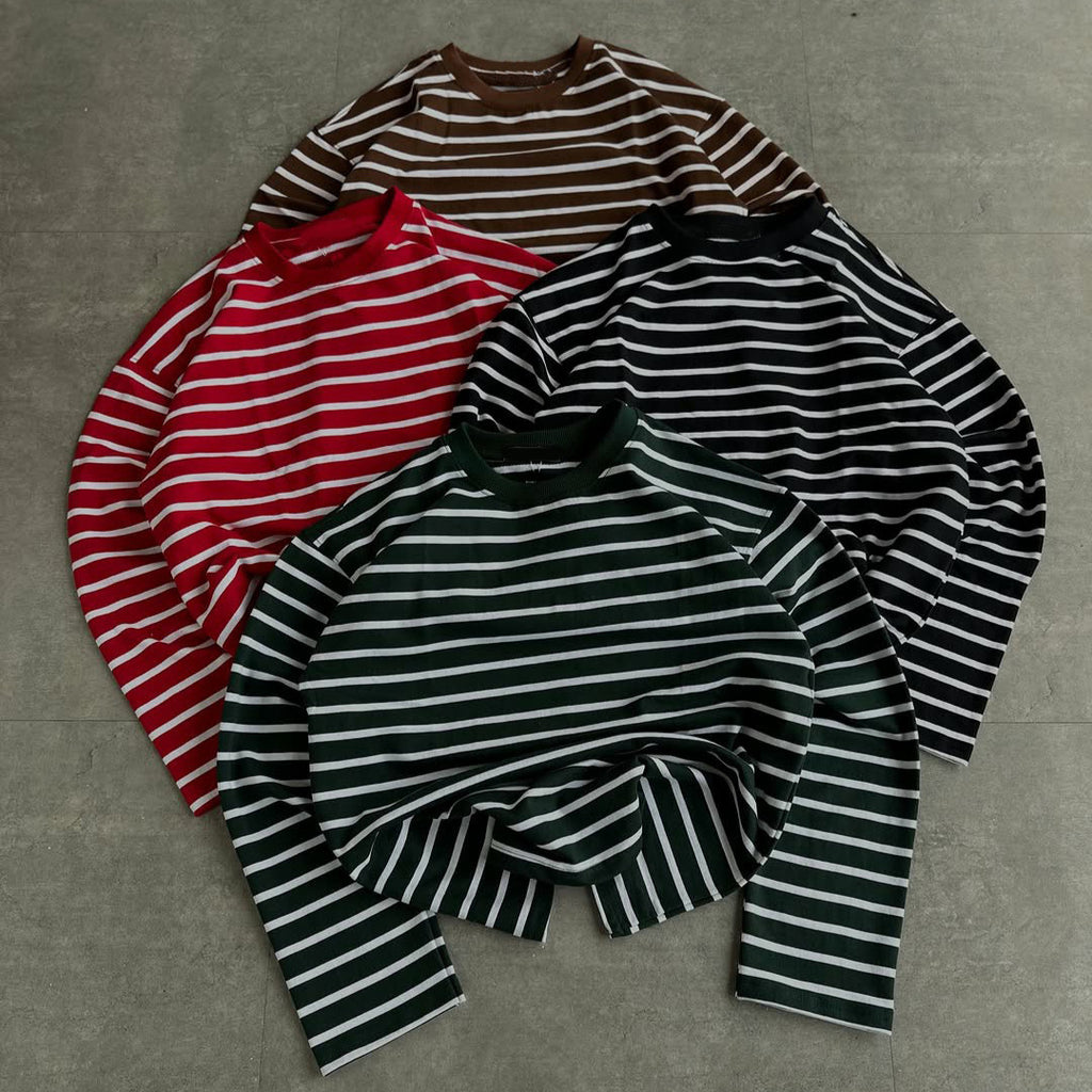 Retro Color-blocked Loose Striped Long-sleeved Crew Neck T-shirt