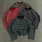 Retro Color-blocked Loose Striped Long-sleeved Crew Neck T-shirt