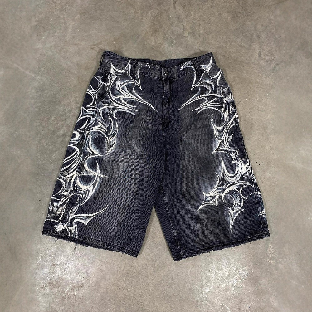 American Vintage Washed Tribal Print Denim Shorts