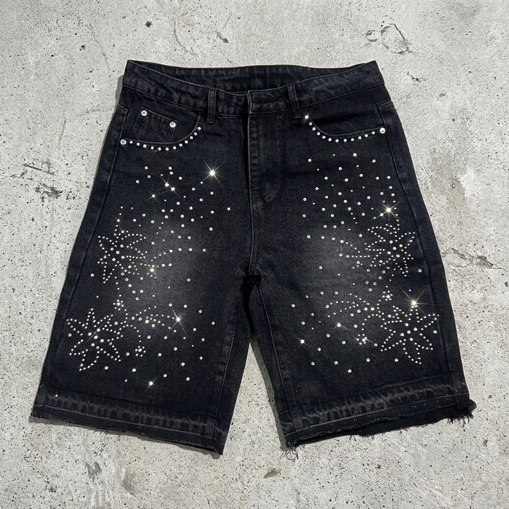 Men's Retro Washed AppliquÉ Rhinestone Y2k Denim Shorts